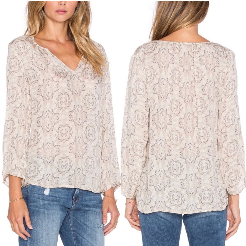 Joie Zambezi Blouse Butterfly Print 100% Silk Beige Long Sleeve L